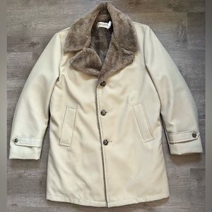 Vintage David James Tan Beige Faux Fur Collar Heavy Lined Sport Coat 38